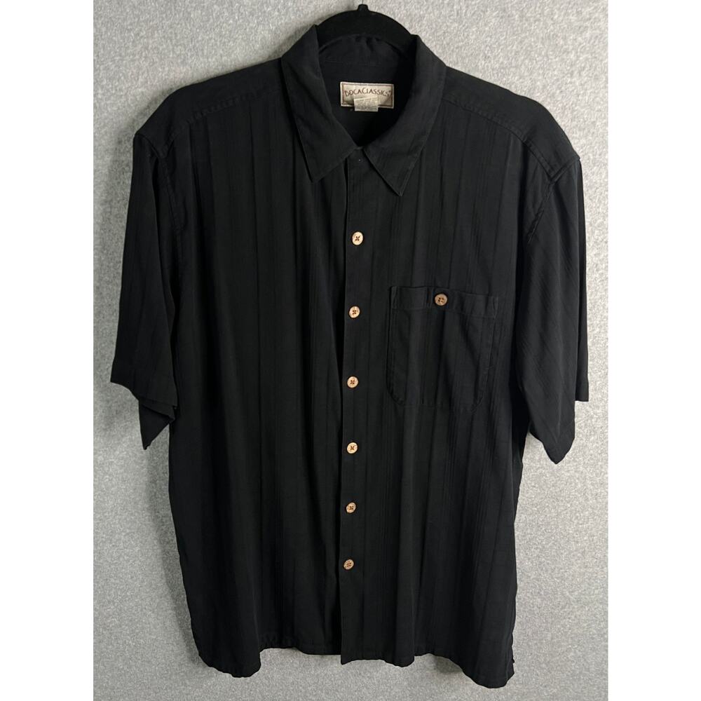 Boca Classics Silk Shirt Mens Large Black Textured Camp Button Casual